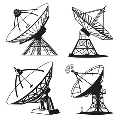 Four black silhouette satellite dishes on white background