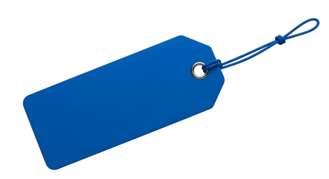 A blank blue tag with a string, isolated on transparent background