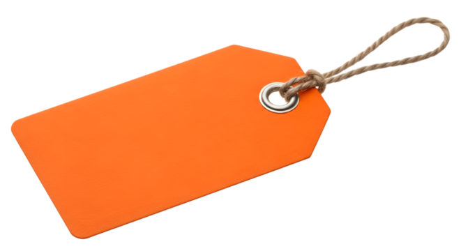 Blank orange gift tag with string and metal eyelet, isolated on transparent background