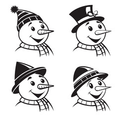 Four Snowman Heads With Different Hats And Scarves