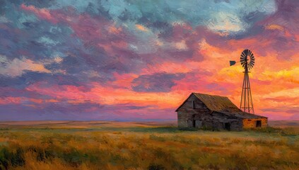 Vibrant sunset paints the sky over a rustic farmhouse and windmill