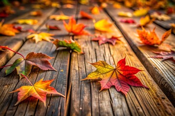 Vibrant autumn leaves scattered across weathered wooden planks in warm sunlight