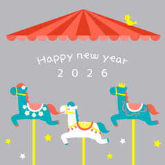 2026年　午年用メリーゴーランドの正方形バナーイラスト