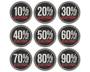 Obraz premium Illustration of nine round black friday sale stickers with different percentage discount offers from ten to ninety