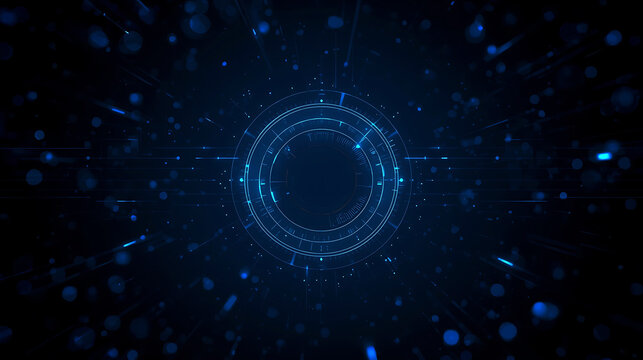 Futuristic Technology Interface with Circular HUD Elements and Glowing Particles in Deep Blue Background