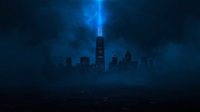 Mysterious city skyline at night with prominent tower glowing blue in the dark fog