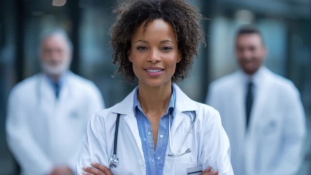Confident African American medical professional standing proudly in a modern healthcare facility with colleagues in the background during daytime