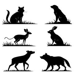 Six Black Animal Silhouettes on White Background with Grass
