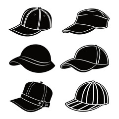 Six black baseball caps with white outlines headwear