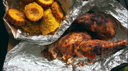 Succulent Feast: An overhead shot showcases a mouthwatering culinary arrangement. The image features perfectly roasted chicken and golden, delectable fritters, presented in a casual setting.