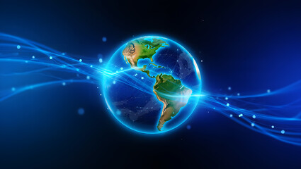 Earth Globe Surrounded by Glowing Blue Network Lines and Data Streams planet world