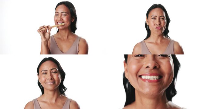 Face, woman and series for skincare in studio for oral hygiene, brushing teeth and dental floss. Portrait, mature person or montage of beauty treatment, lip scrub and fresh breath on white background