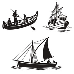 Three black silhouette boats with people on water ship