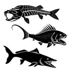 Three black silhouette predatory fish with sharp teeth