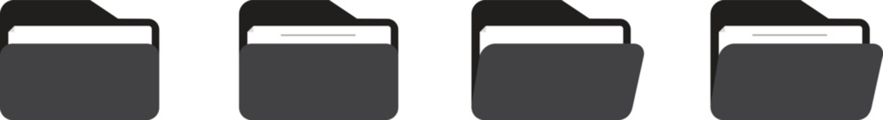 File folder icon set. Open and closed folders with documents icons isolated on transparent background. Flat vector illustration for web design, UI, UX. Office data storage, file organization symbol.