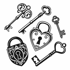 Vintage ornate keys and heart shaped locks black and white