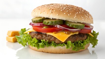 Juicy cheeseburger with fresh toppings like tomato, lettuce, pickles, and onion on a sesame seed bun, a delicious lunch, perfect for a summer picnic or backyard barbecue party