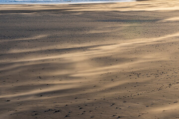 Wind blowing sand across beach in soft morning light