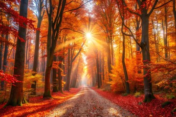 Fototapeta premium Sunlight streams through a vibrant autumn forest path lined with fiery red and orange leaves