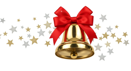 Golden Christmas Bell with Red Bow, isolated on transparent background
