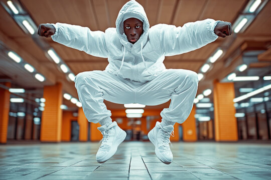 A person in a white outfit performs a dynamic jump in a well-lit indoor space with a modern architectural design.