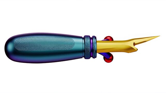 A close-up view of a seam ripper with a blue handle and gold-colored blade, isolated on a white background, showcasing its design and functionality for sewing and crafting projects.