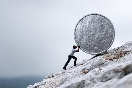 A man pushing a giant coin uphill, concept of economic struggle