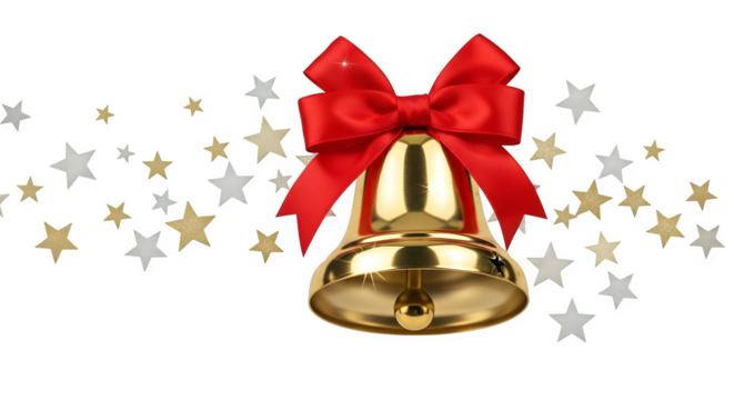 Golden Christmas Bell with Red Bow, isolated on transparent background