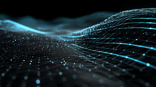 A network of glowing lines and particles against a dark background, illustrating data flow and connectivity