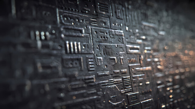 Close-up of a complex metallic surface with intricate patterns and textures, revealing industrial design