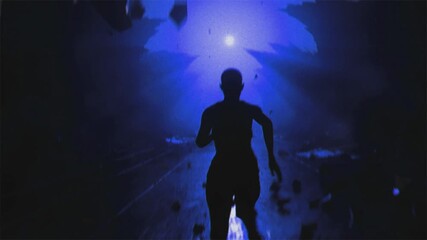 Mysterious runner in a blue ethereal tunnel, racing towards the light, a dreamlike sequence of hope and determination in a modern abstract scene - Powered by Adobe