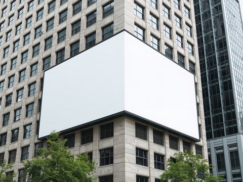 Large blank billboard mockup wrapped around the corner of a modern city building. Urban outdoor advertising space.