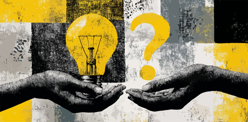 아이디어 전구와 물음표를 손에 들고 있는 추상적인 벡터 일러스트레이션으로 문제 해결과 혁신을 표현했습니다.