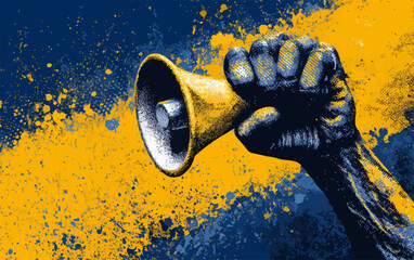 손을 들고 확성기를 잡고 있는 벡터 일러스트레이션으로, 사회적 항의와 목소리를 높이는 것을 상징합니다.