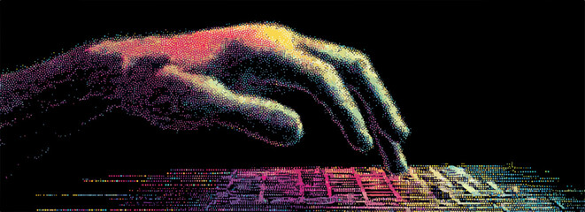 어두운 배경에서 키보드를 치는 손의 클로즈업 샷으로, 기술과 연결성을 상징하며 현대적인 느낌을 전달합니다.