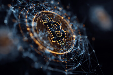 Bitcoin's Digital Fabric: Capturing the essence of cryptocurrency in a visually stunning composition, with intricate lines of technology embracing the symbolic Bitcoin.