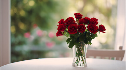 Fototapeta premium Beautiful bouquet of red roses in a glass vase on a wooden table with soft natural light. 