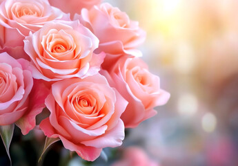 Beautiful peach colored roses bouquet in blurred background with copy space, soft focus, pastel color theme, bokeh effect, close-up, sun rays, floral background