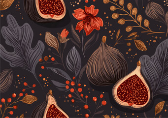 무화과, 꽃, 잎사귀 등의 요소로 구성된 아름다운 벡터 패턴으로, 어두운 배경과 화려한 색감이 조화롭게 어우러져 있습니다.