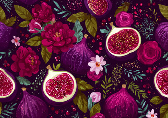 무화과와 꽃이 어우러진 아름다운 패턴 일러스트로, 섬세한 디테일과 생생한 색감이 돋보이는 벡터 디자인입니다.