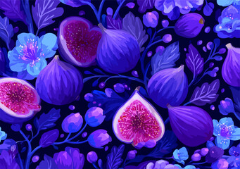 보라색 무화과와 꽃이 어우러진 아름다운 벡터 패턴으로, 자연의 섬세한 아름다움을 표현했습니다.