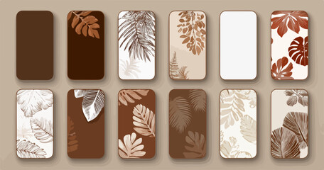 다양한 갈색 톤의 나뭇잎 디자인이 특징인 세련되고 미니멀한 모바일 배경 화면 벡터 세트입니다.