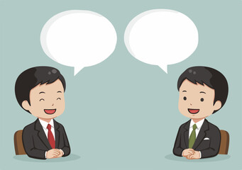 두 명의 사업가가 마주보고 대화하는 모습을 담은 벡터 일러스트레이션으로, 긍정적이고 협력적인 분위기를 연출합니다.