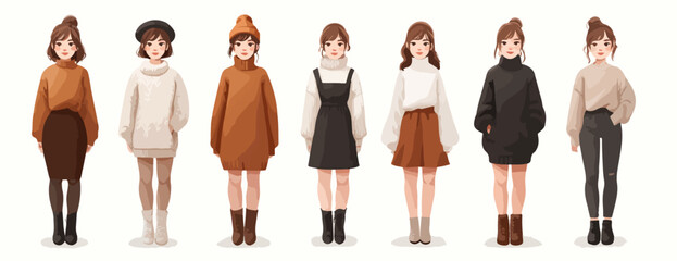 다양한 스타일의 여성 의류를 입은 만화 캐릭터들의 벡터 일러스트레이션으로, 패션과 스타일을 보여줍니다.