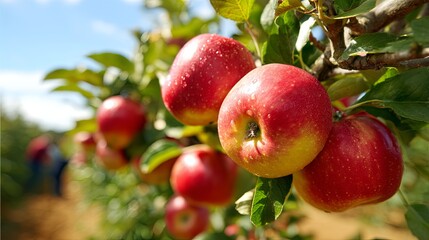 Fresh red apples growing on a sunny branch.