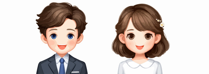사랑스러운 스타일의 신랑 신부 캐릭터 일러스트로, 웨딩 테마 디자인이나 커플 관련 콘텐츠에 활용하기 좋습니다.