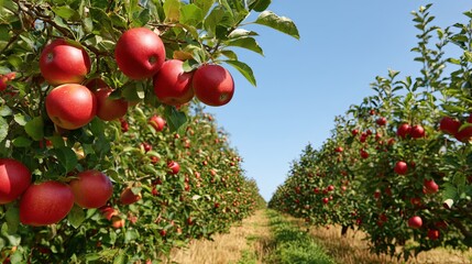 Vibrant apple orchard under clear blue sky