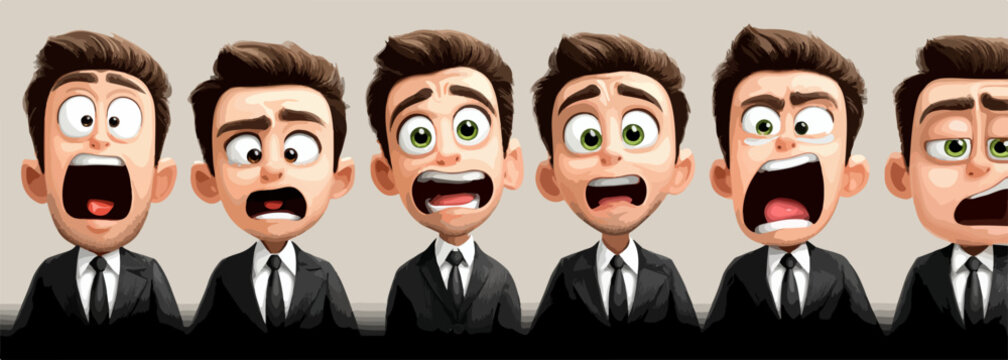 다양한 표정의 만화 캐릭터들이 공포와 놀라움을 표현하며, 벡터 형식으로 디자인되어 생생하고 재미있는 느낌을 줍니다.