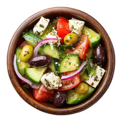 Greek salad with feta cheese, olives and vegetables in wooden bowl, isolated on transparent background