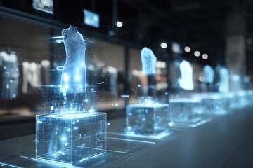 Digital Dress Display: In a futuristic setting, holographic mannequins display fashion, radiating a sense of technological advancement. Showcasing innovation in the world of retail.